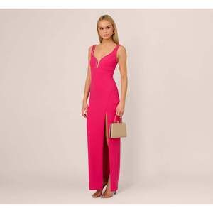 Adrianna Papell Sleeveless Beaded Plunge Neck Gown In Geranium Size 14Geranium /